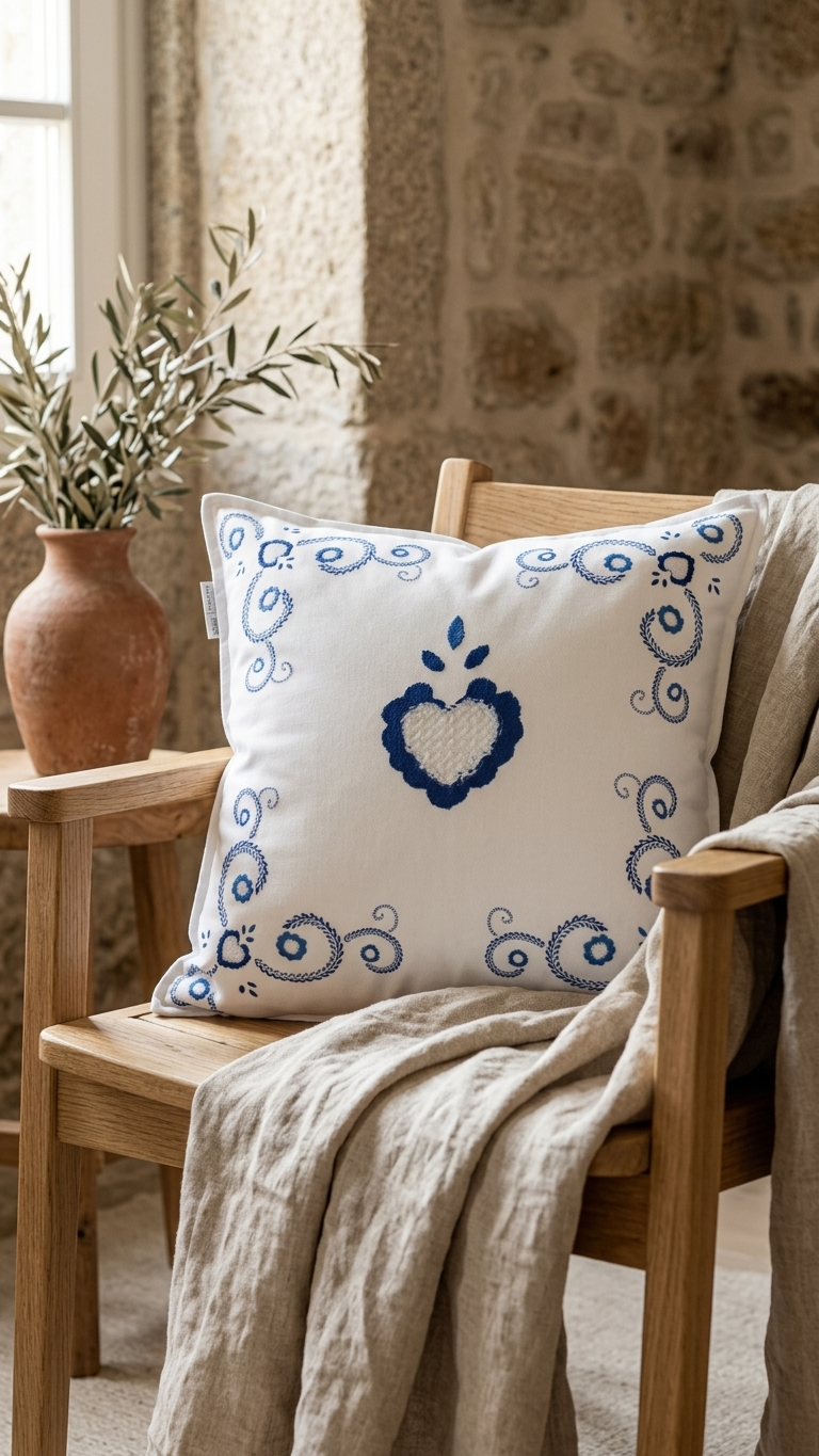 Capa de almofada com bordado de amor, estampada, em poliéster e algodão, fabricada em Portugal