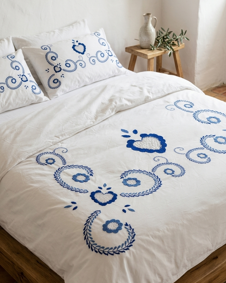 Colcha acolchoada Amor Bordado estampada em poliéster e algodão, fabricada em Portugal.