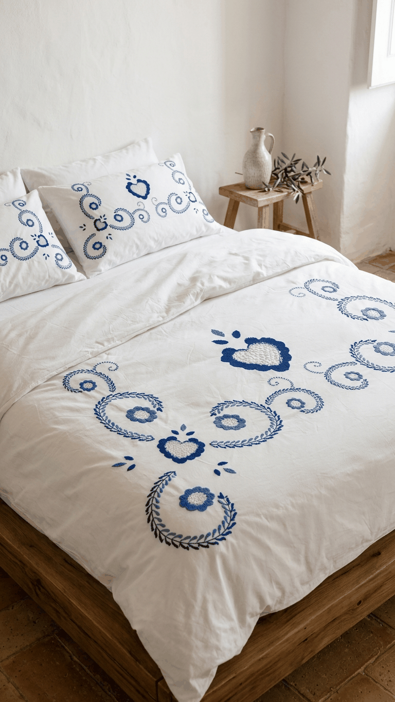 Colcha acolchoada Amor Bordado estampada em poliéster e algodão, fabricada em Portugal.