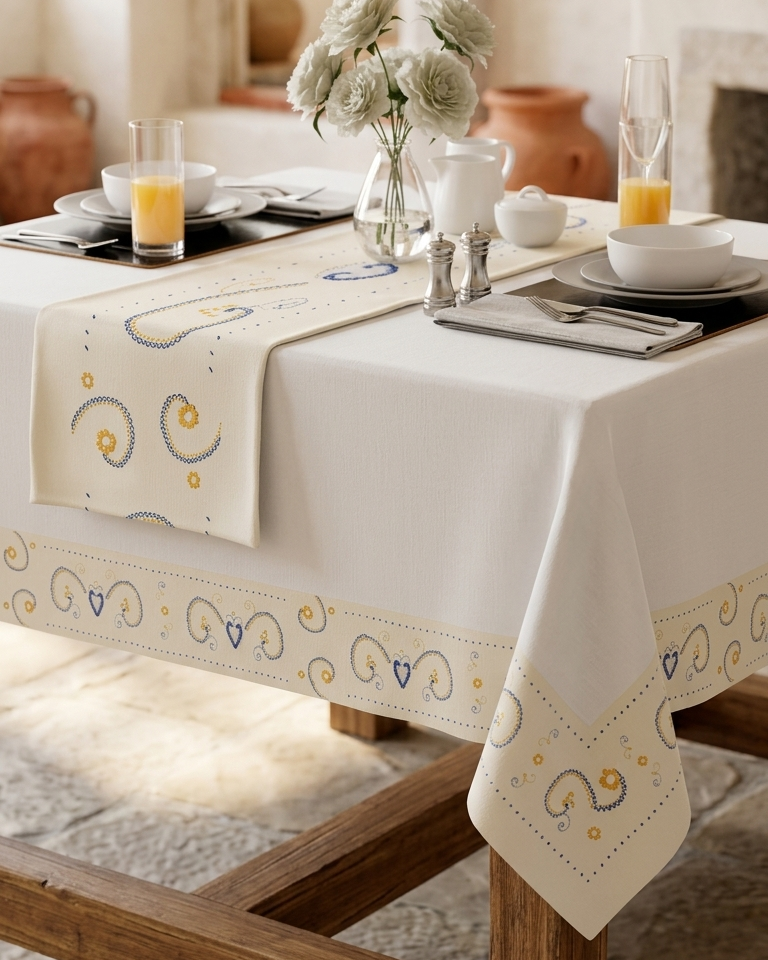 Toalha de mesa Arte de Viana com aplicação estampada, 65% poliéster e 35% algodão, design elegante fabricada em Portugal para mesas até 300 cm