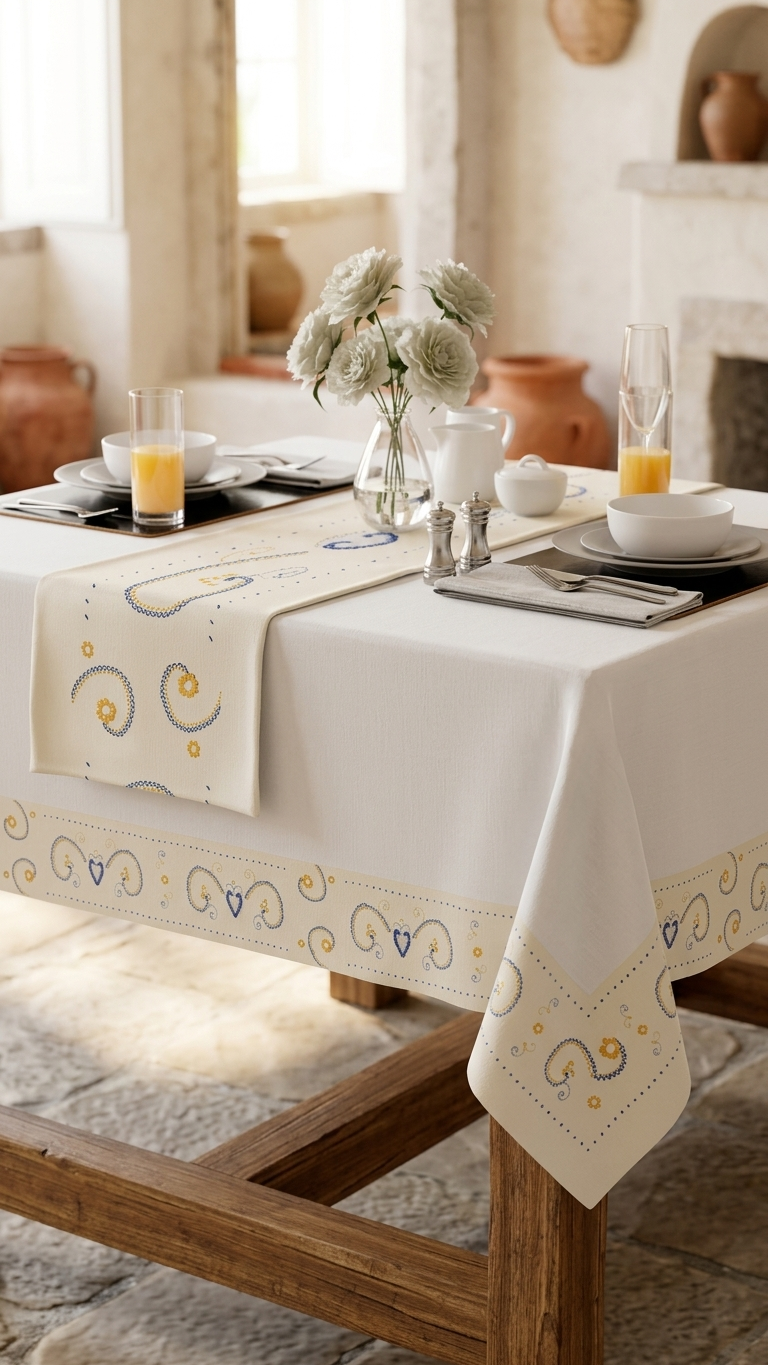 Toalha de mesa Arte de Viana com aplicação estampada, 65% poliéster e 35% algodão, design elegante fabricada em Portugal para mesas até 300 cm
