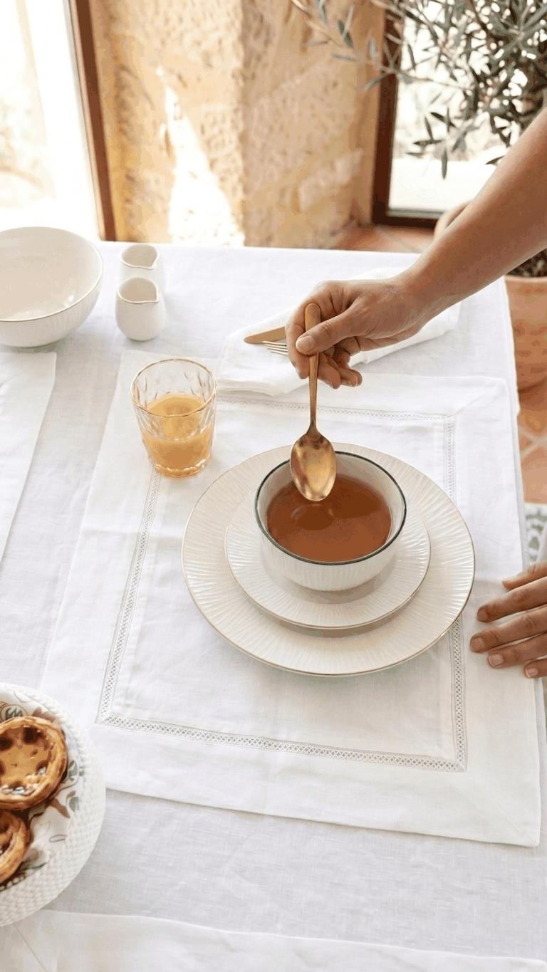 Toalha de mesa Atlanta em linho 100% com pormenor em Ponto Aberto, fabricada em Portugal