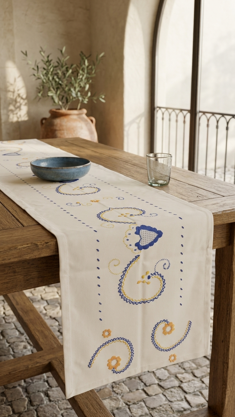 Caminho de Mesa Arte de Viana estampado de 160x50 cm fabricado em Portugal com tecido 65% poliéster e 35% algodão