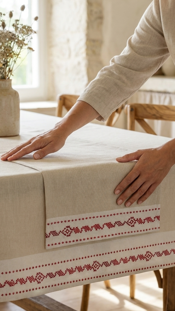 Caminho de mesa Ponto a Ponto estampado de alta qualidade fabricado em Portugal com tecido composto por poliéster e algodão.