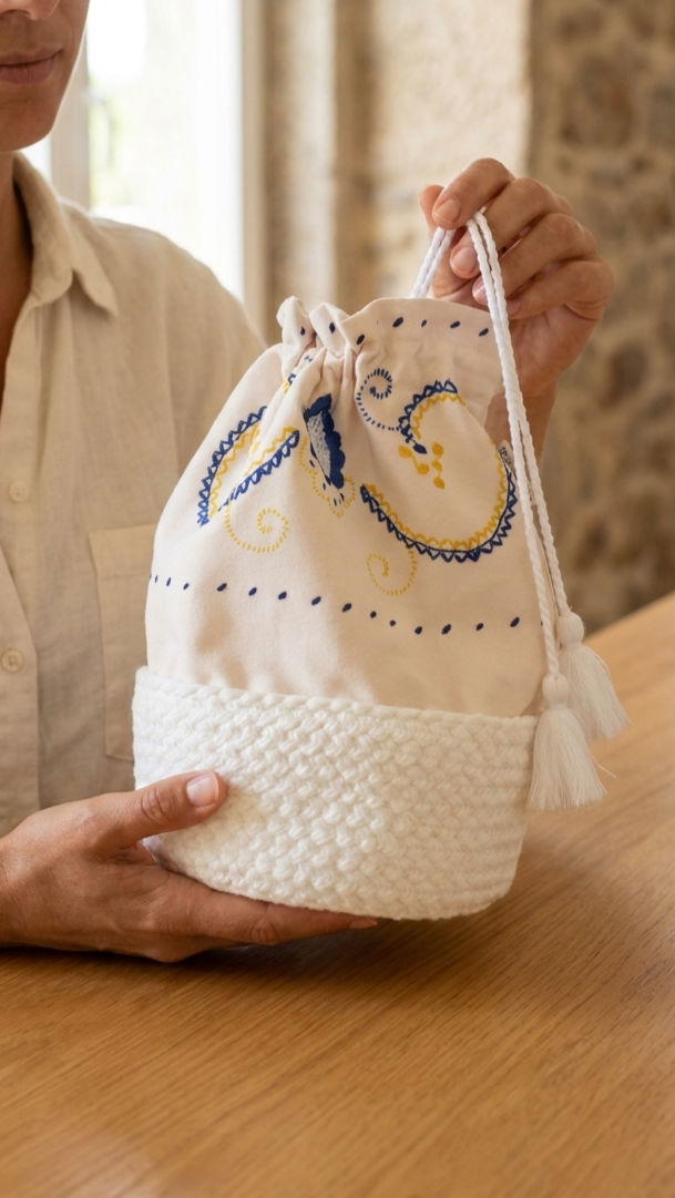 Cesto do pão Vianesa artesanal feito em Portugal com fibras diversas, poliéster e algodão.