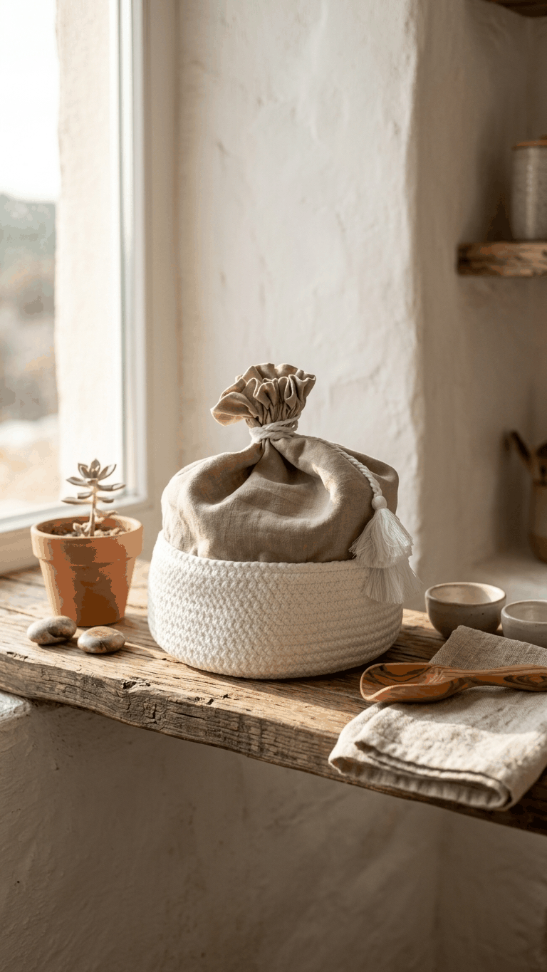 Cesto do pão Linen feito à mão em linho 100% natural, fabricado em Portugal.