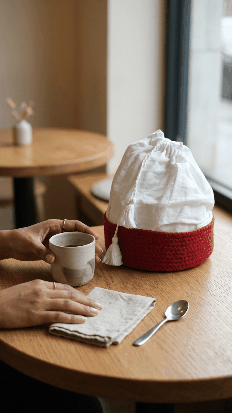 Cesto do pão vermelho artesanal em linho fabricado em Portugal