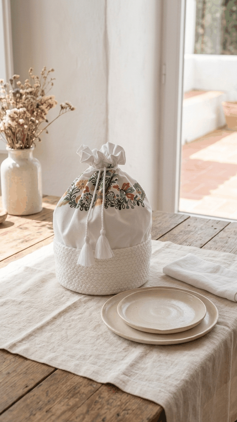 Cesto do Pão Vianesa artesanal em fibras diversas, poliéster e algodão, fabricado em Portugal.