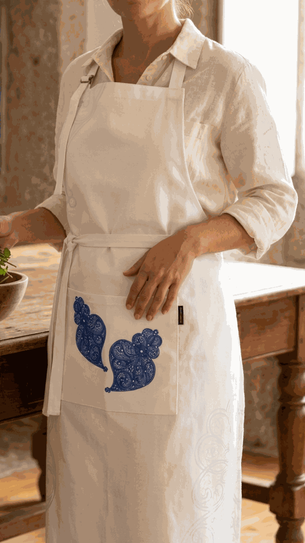Avental Chieira ajustável com bolso frontal estampado, fabricado em Portugal, ideal para profissionais e amantes de cozinha