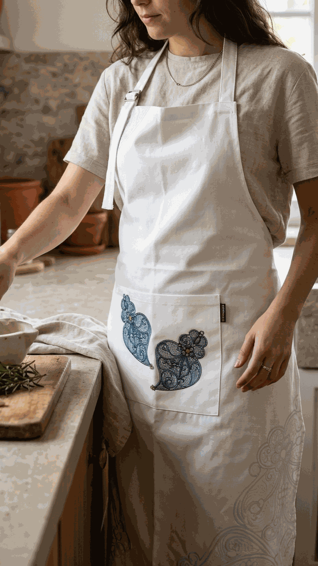 Avental Chieira ajustável com bolso frontal estampado, fabricado em Portugal, ideal para profissionais e amantes de cozinha