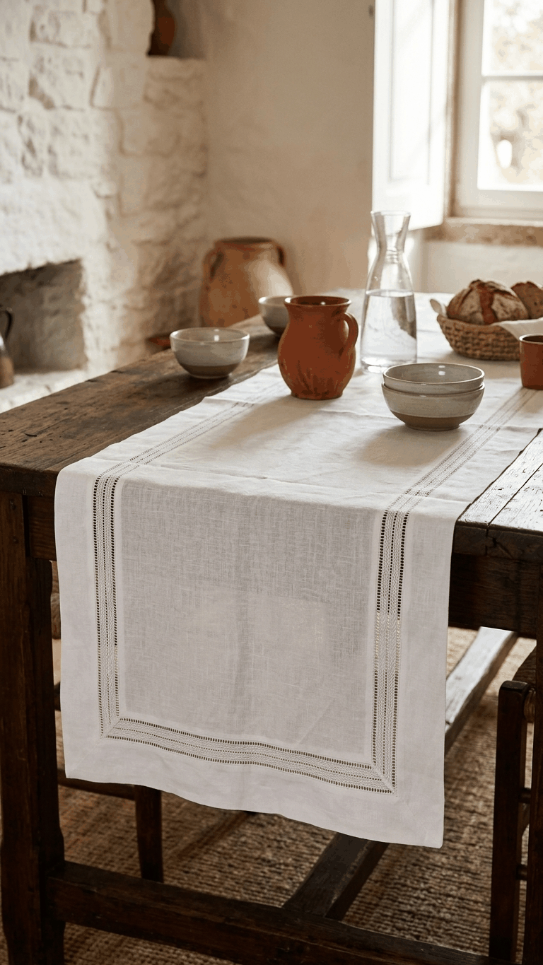 Caminho de mesa espiga em linho branco com renda, fabricado em Portugal.