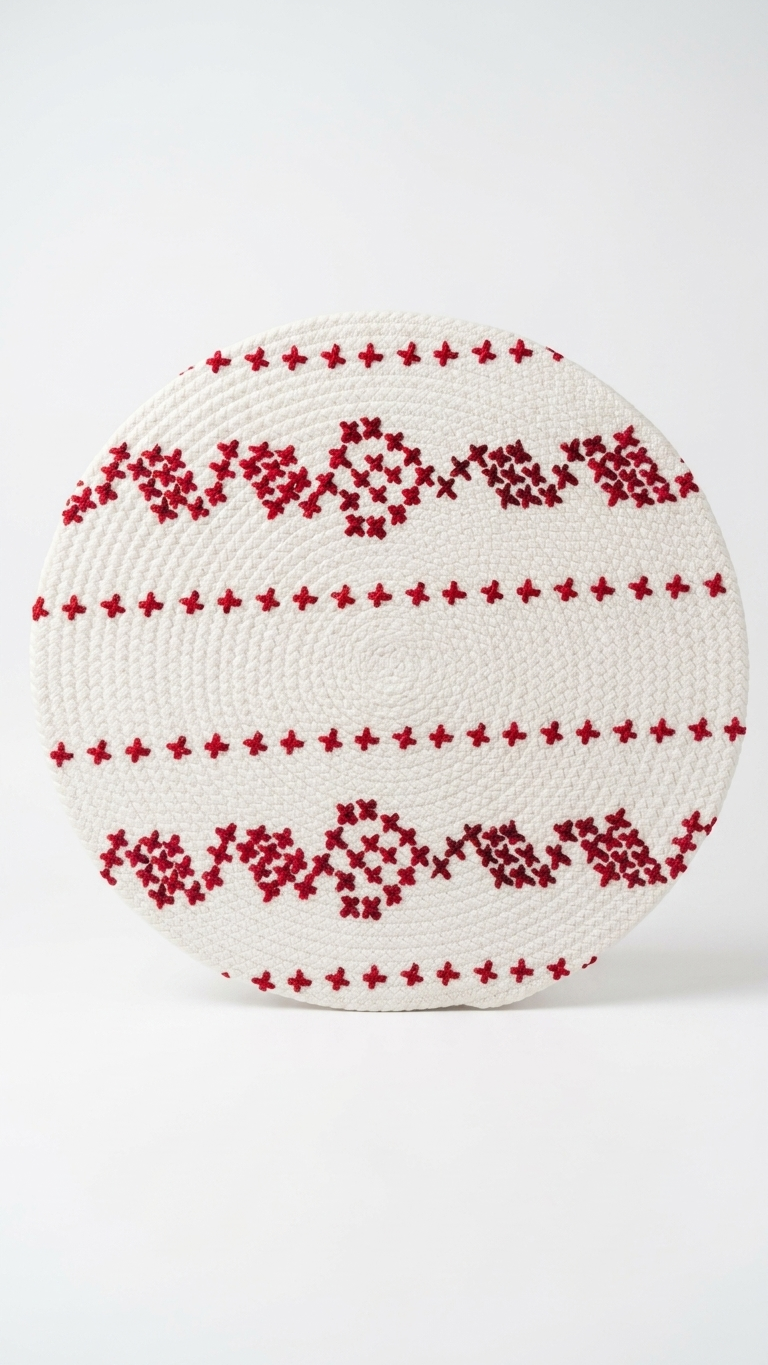 Individual redondo em trança estampado Vianesa, 100% fibras diversas, fabricado em Portugal.