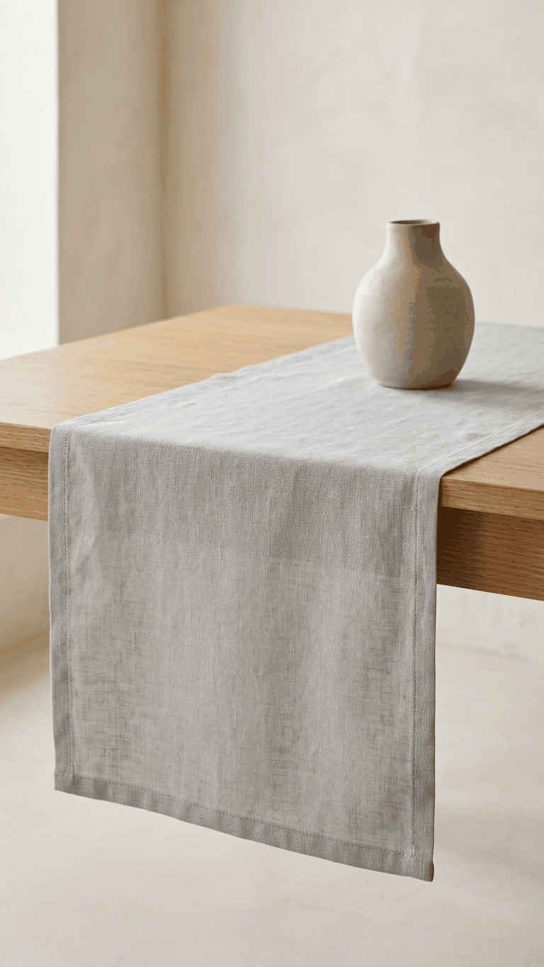 Caminho de mesa simples em linho 100% fabricado em Portugal com instruções de lavagem claras