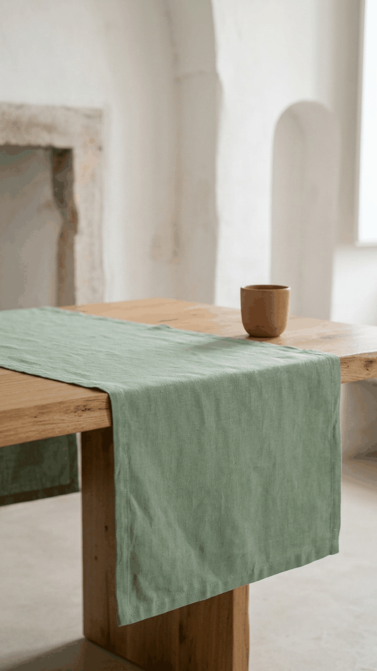 Caminho de mesa simples em linho 100% fabricado em Portugal com instruções de lavagem.