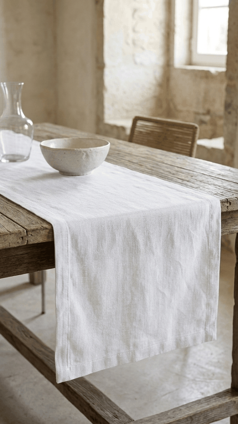 Caminho de mesa em linho 100% natural fabricado em Portugal, cuidados de lavagem indicados.