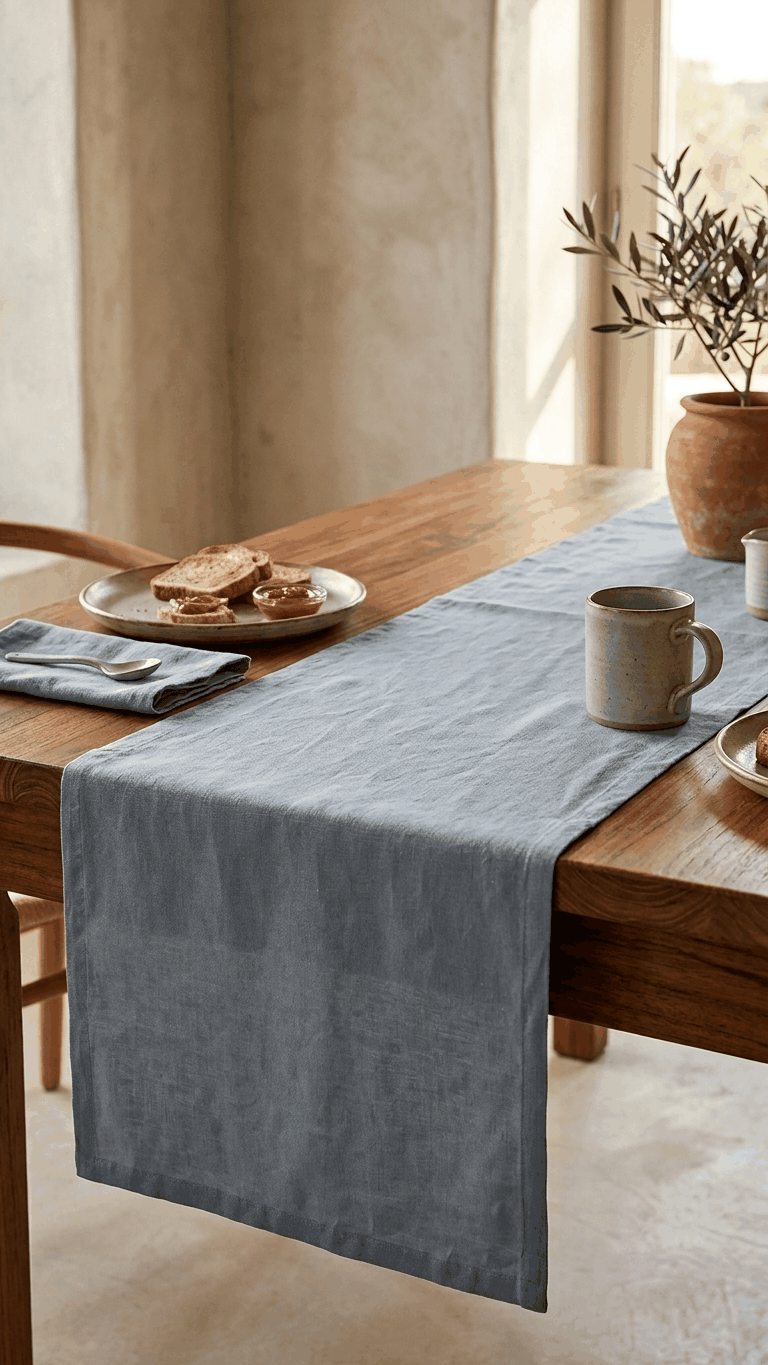 Caminho de mesa simples em 100% linho fabricado em Portugal, cuidados com lavagem e engomar.