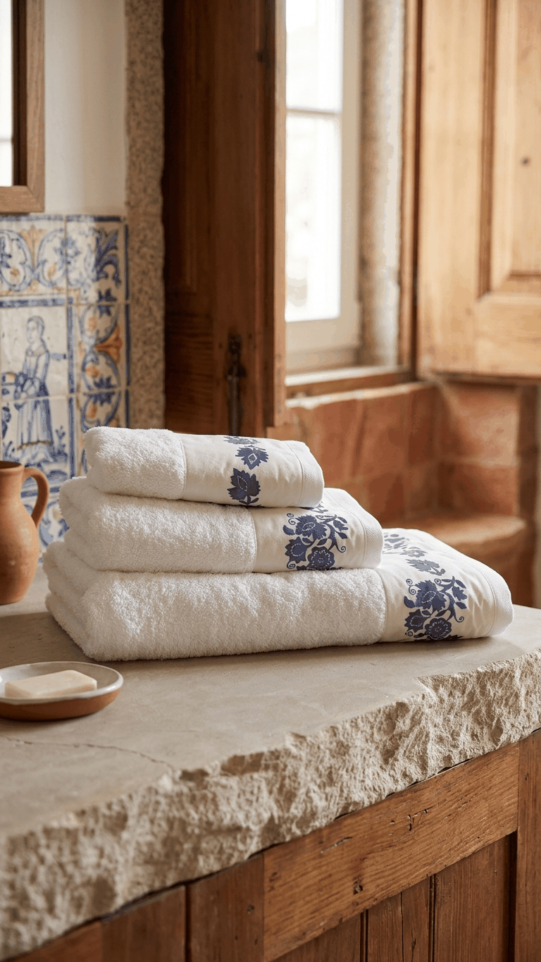 Conjunto de toalhas de banho Louça de Viana em algodão 100% com toalha de banho, toalha de mãos e toalhete, fabricado em Portugal.