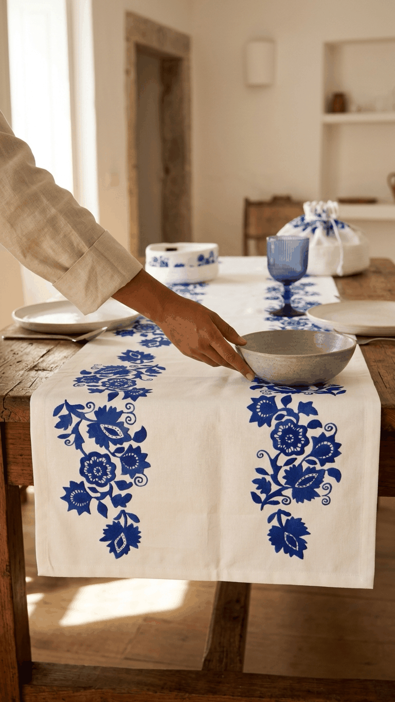 Caminho de mesa estampado Louça de Viana em poliéster e algodão para decoração e proteção de mesas