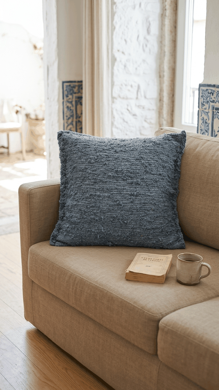 Almofada Mara Tingida artesanal em algodão 100% fabricada em Portugal com enchimento em poliéster e design texturado.