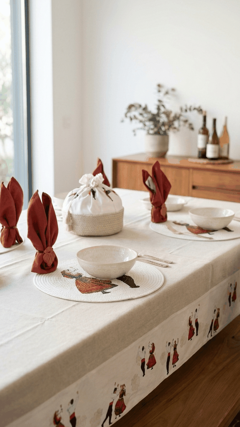 Toalha de mesa estampada Melânia Gomes em algodão e linho, fabricada em Portugal