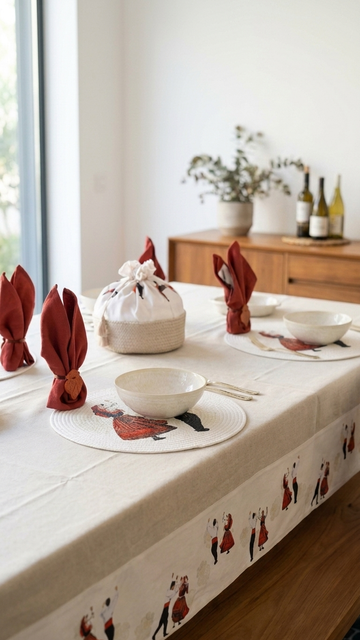 Toalha de mesa estampada Melânia Gomes em algodão e linho, fabricada em Portugal, com instruções de cuidados.