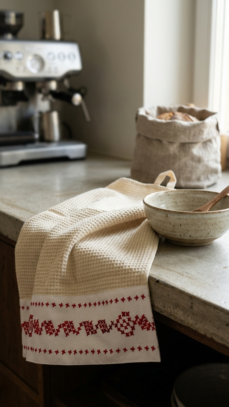 Pano de cozinha branco em algodão com aplicação estampada, fabricado em Portugal