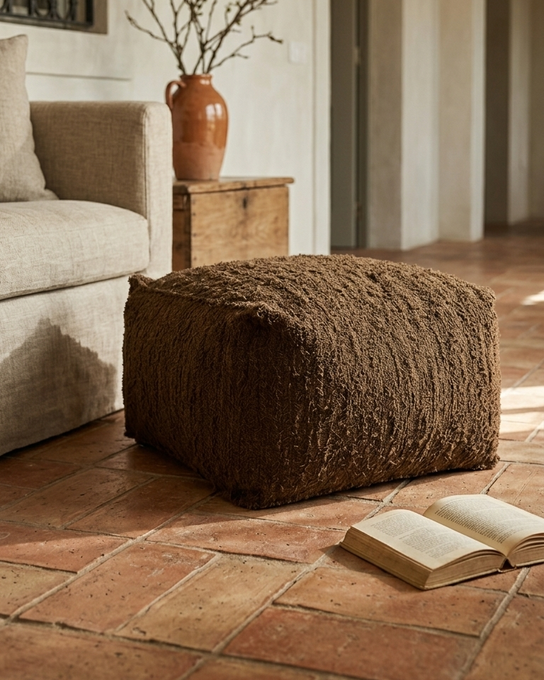 Puff Mara Tingida tecido artesanal feito em Portugal com algodão reciclado e fecho.