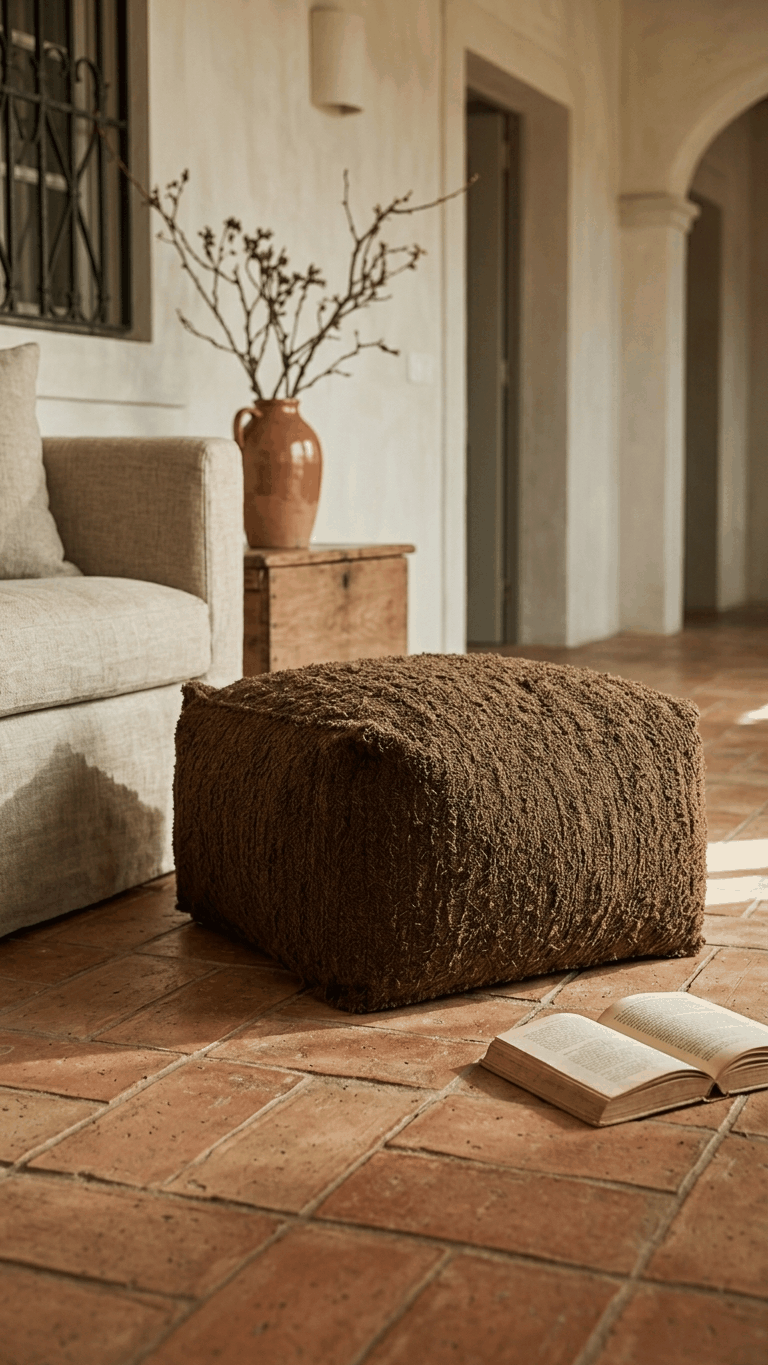 Puff Mara Tingida tecido artesanal feito em Portugal com algodão reciclado e fecho.
