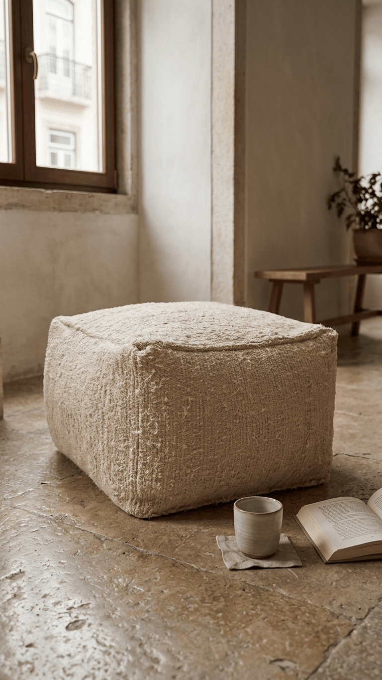 Puff Mara Tingida em algodão reutilizado com enchimento, feito artesanalmente em Portugal.