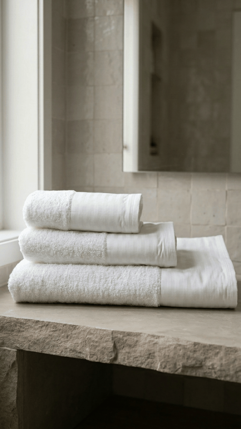 Conjunto de toalhas de banho cetim Henrietta branco 100% algodão made in Portugal com três peças e instruções de cuidado