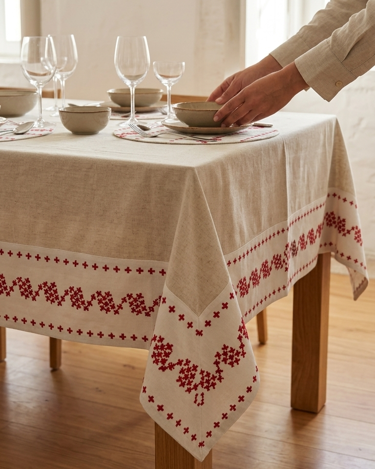 Toalha de mesa Ponto a Ponto com aplicação estampada, fabricada em Portugal, em poliéster e algodão, design elegante e resistente para mesas até 300 cm