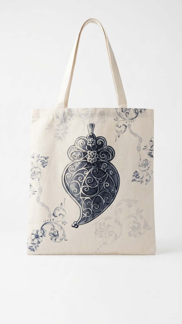 Tote Bag Alma de Filigrana em algodão 100% fabricada em Portugal, estampada e com instruções de lavagem.