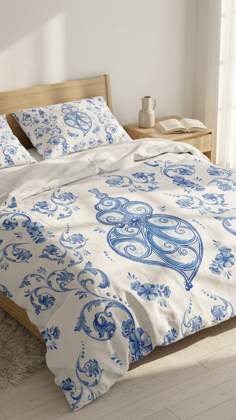 Colcha acolchoada Traços de Viana em algodão e poliéster, fabricada em Portugal, com estampado tradicional.