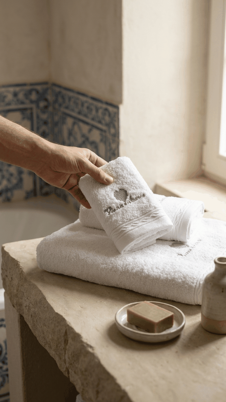 Conjunto de toalhas de banho Viana é Amor branco em algodão 100% com bordado multicolorido, fabricado em Portugal