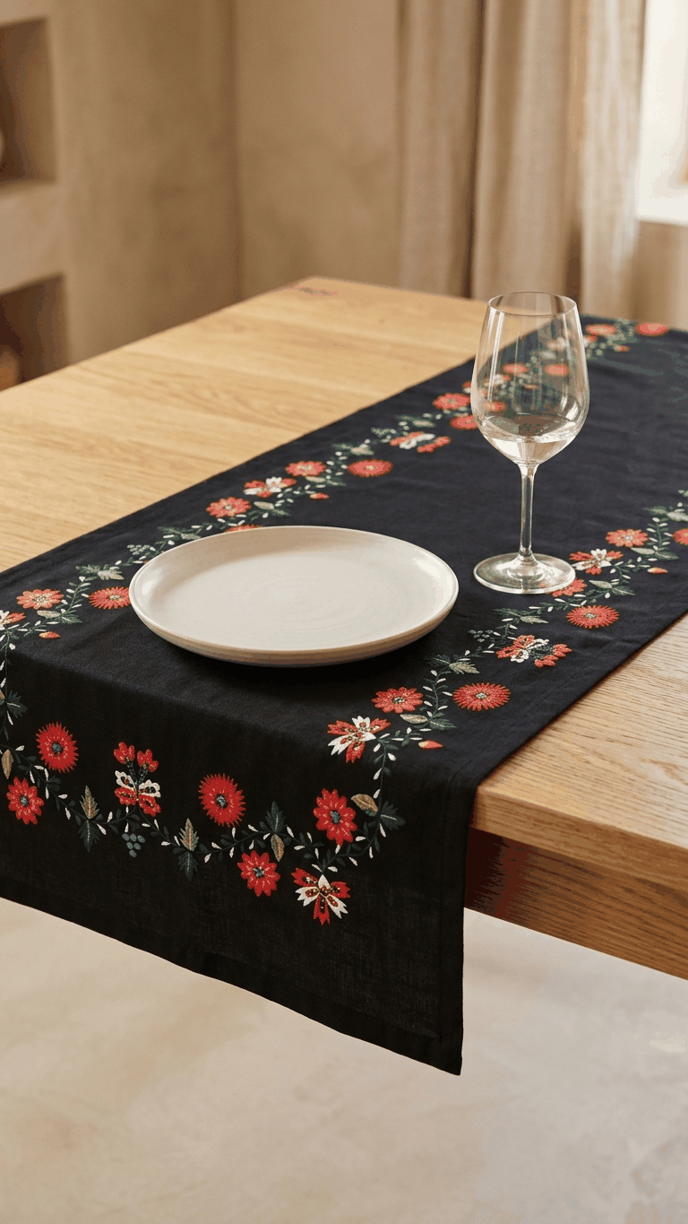 Caminho de mesa Viana Viva em tecido estampado, resistente e elegante, para decoração sofisticada de mesas em Portugal