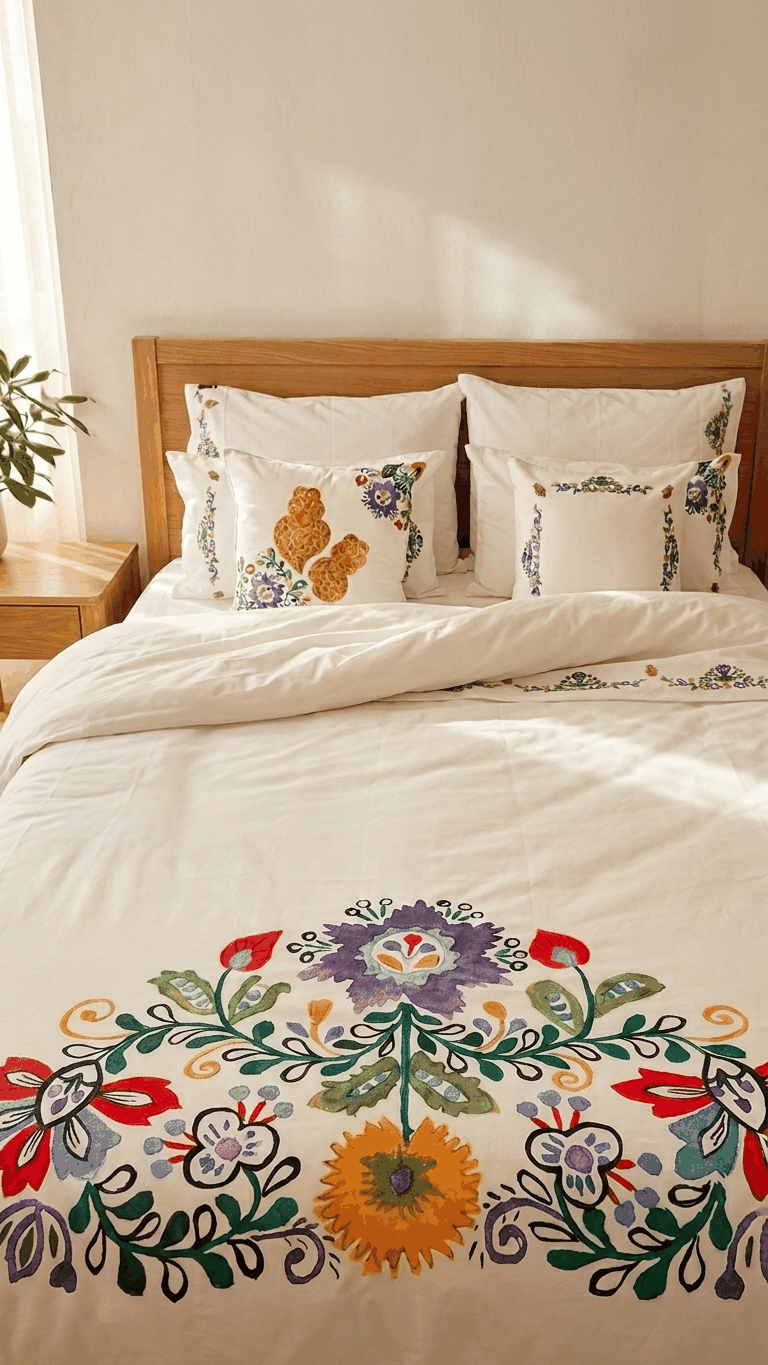 Colcha acolchoada Vianesa estampada em algodão e poliéster, fabricada em Portugal, com design elegante e durável para decoração de quartos.