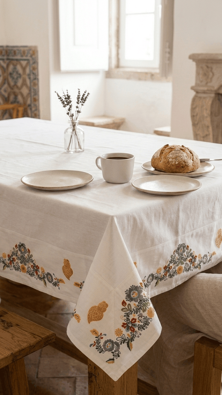 Toalha de mesa Vianesa elegante em poliéster e algodão com aplicação estampada fabricada em Portugal