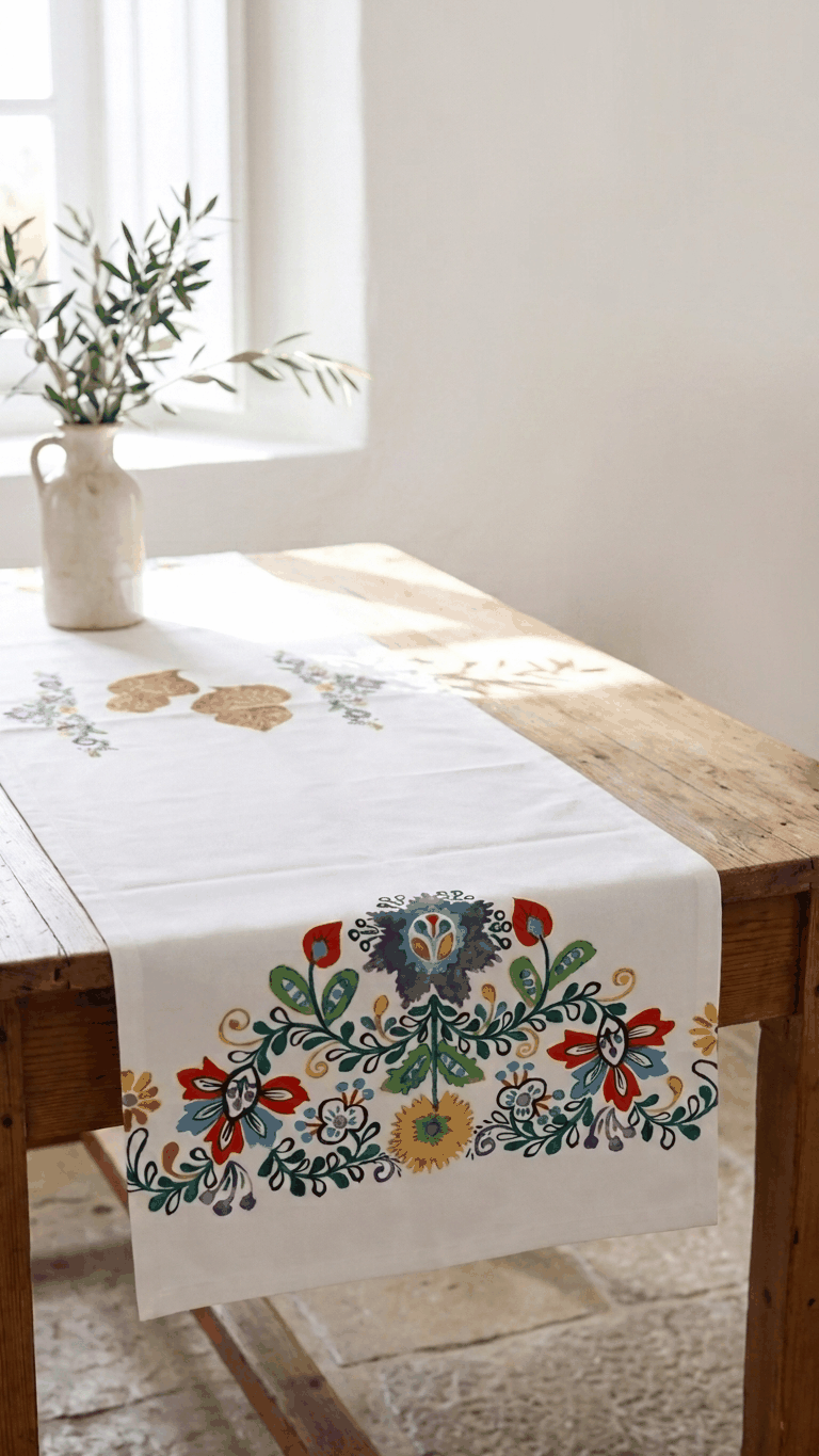 Caminho de Mesa Vianesa estampado fabricado em Portugal, com composição 65% poliéster e 35% algodão, ideal para decoração e proteção de mesas.