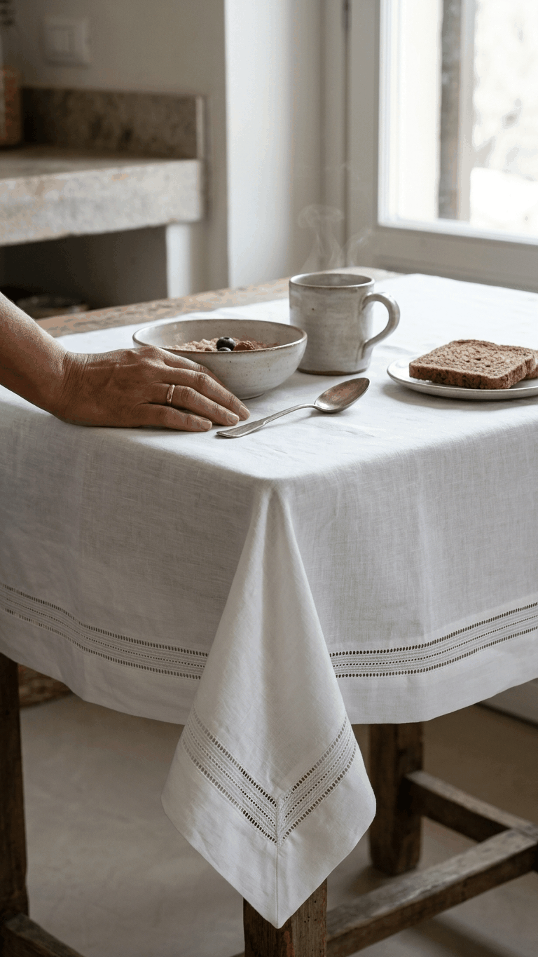 Toalha de mesa Espiga em linho 100% com renda, fabricada em Portugal para decoração requintada.