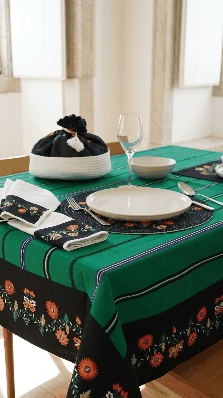 Toalha de Mesa Viana Viva com aplicação estampada, 65% poliéster e 35% algodão, fabricada em Portugal.