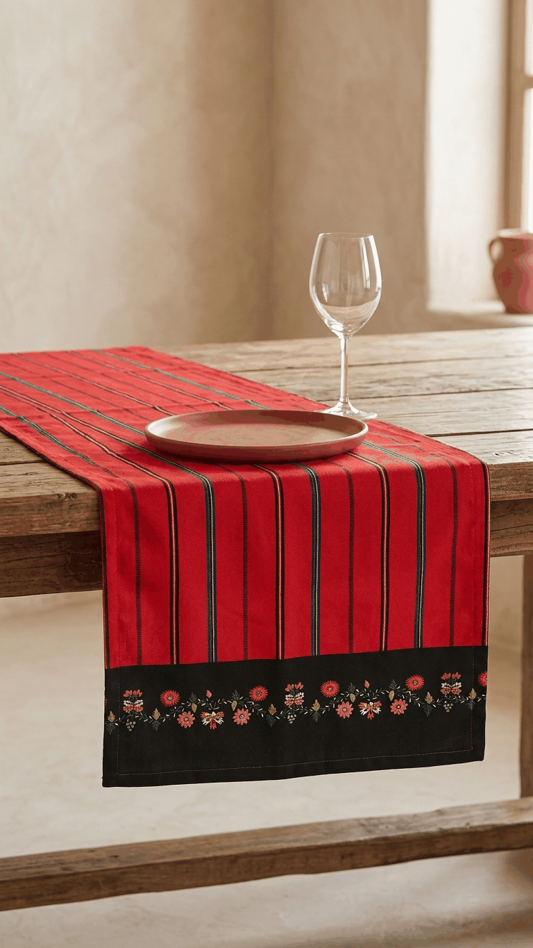Caminho de mesa Viana estampado em poliéster e algodão, fabricado em Portugal