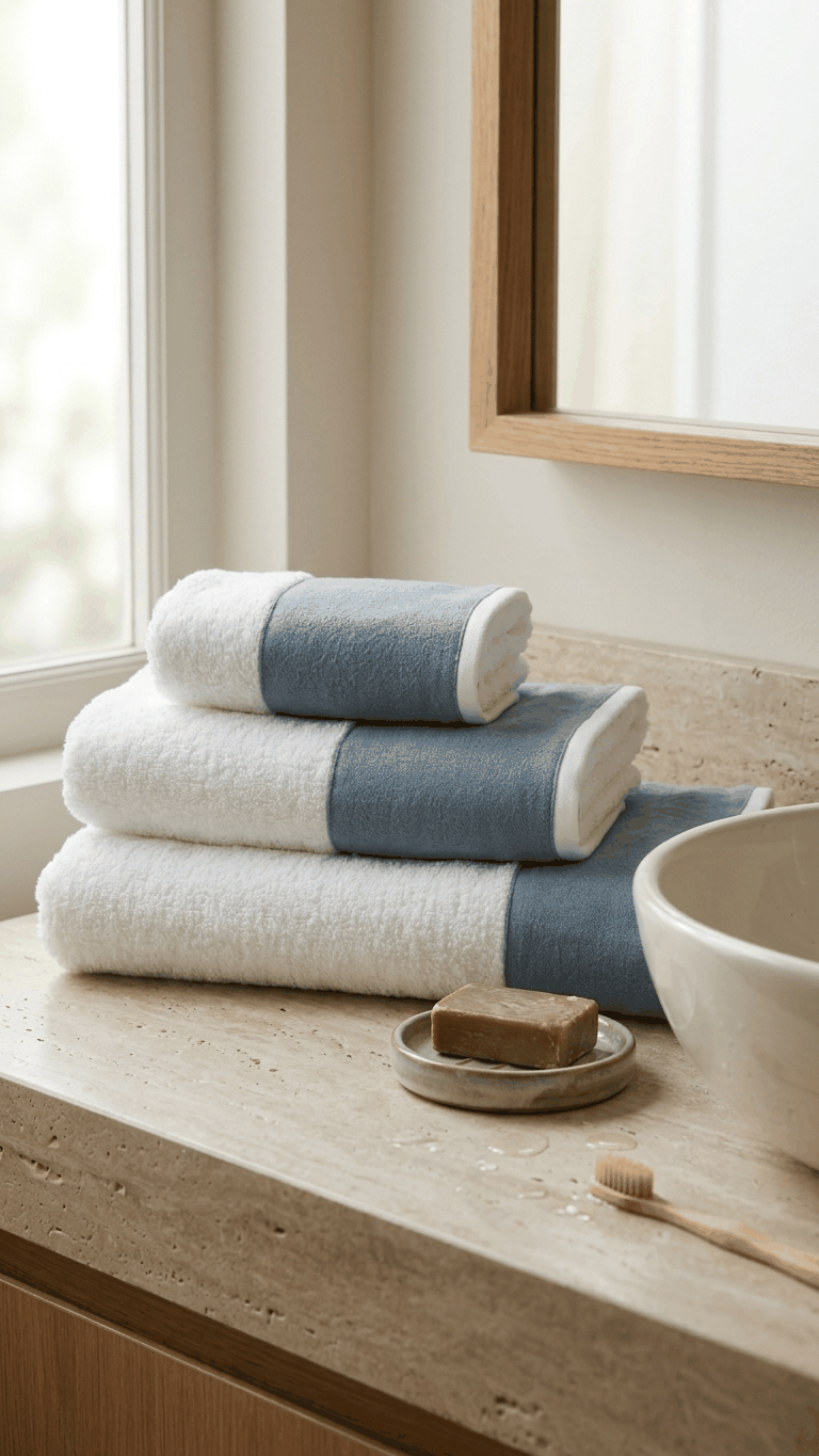 Conjunto de toalhas de banho Linho Pure Soft em algodão e linho, fabricado em Portugal, com três peças multicoloridas e brancas.