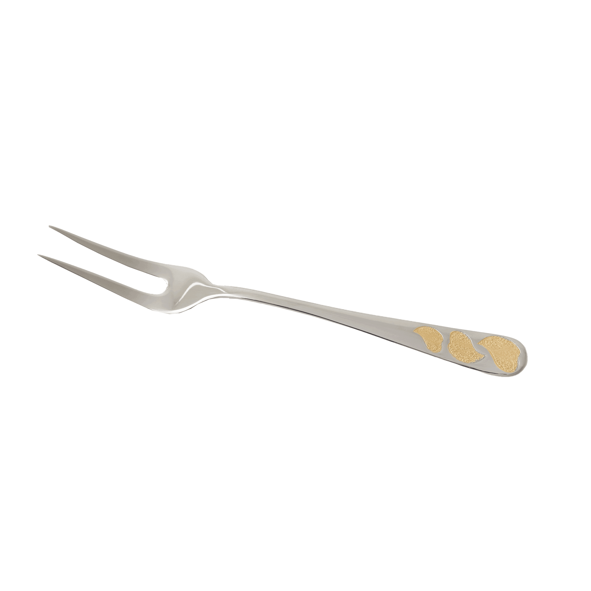 Garfo de trinchar Vianna com detalhes em coração dourado, garfo de trinchar inox elegante